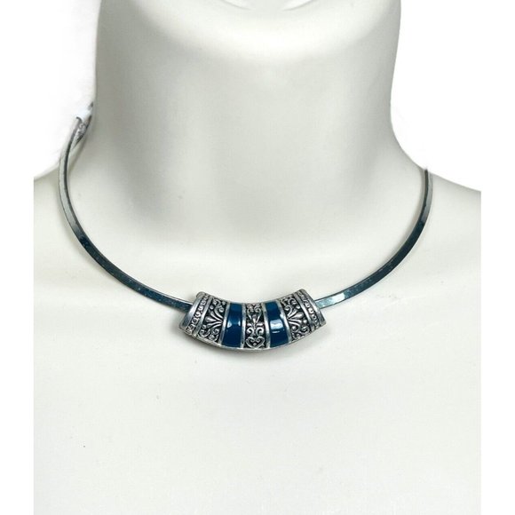 Tibetan Silver Filligree Sliding Pendant Charm Blue EnameL Necklace Choker VNTG - Picture 1 of 8